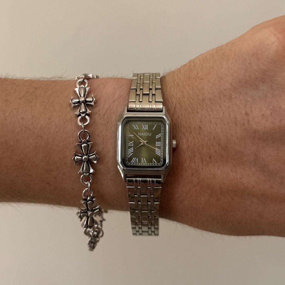 Silver Watch green Face Unisex Minimalist 1.5" Diameter Quartz New